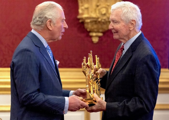 HRH The Prince of Wales presents the QEPrize trophy to Dr M George Craford at the 2021 QEPrize Presentation